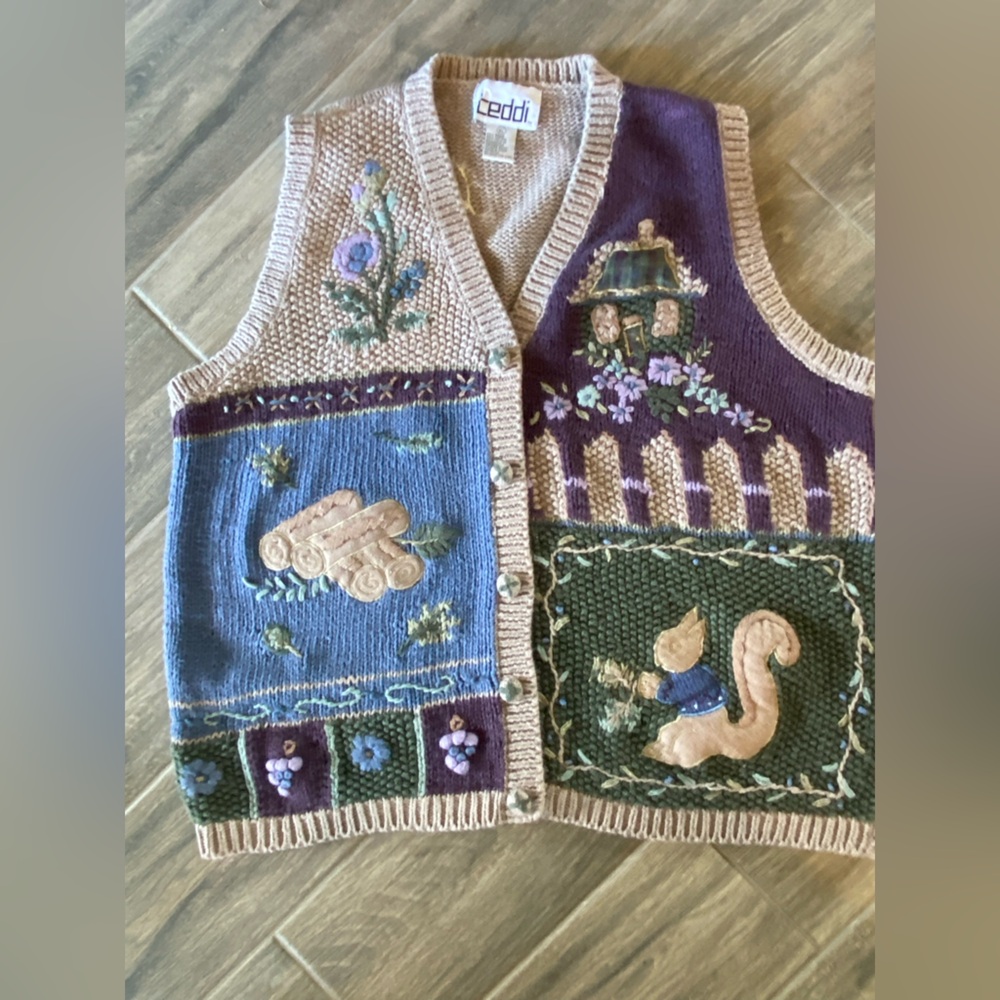 Teddi Cardigan Sweater Vest Womens XL Neck Brown Chunky Animal Cottage 90s